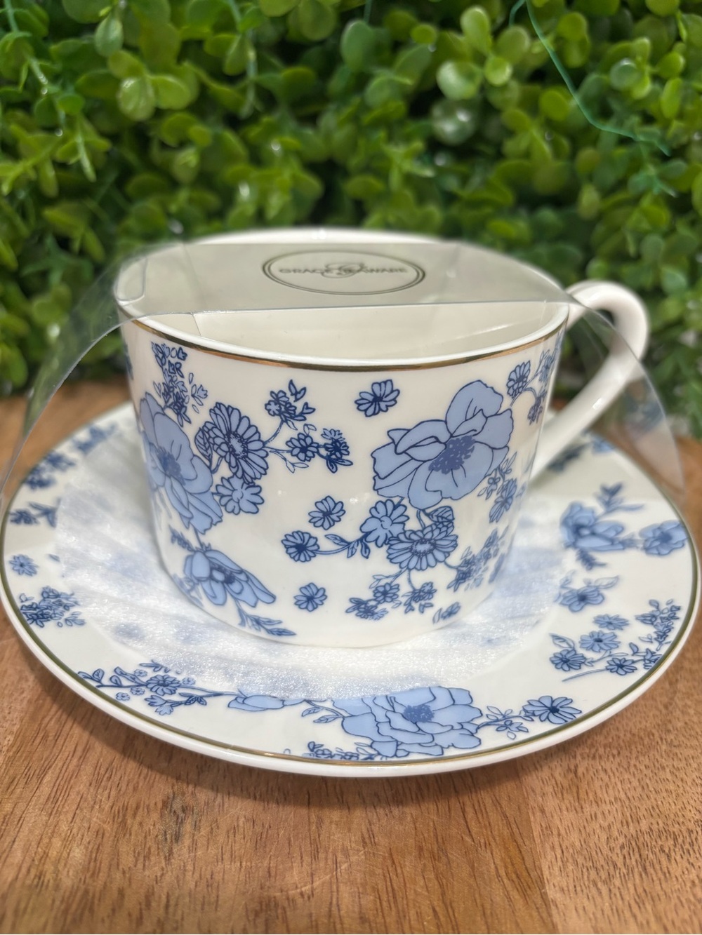 Grace Teaware NWT Blue Floral fine Porcelain Teacup and Saucer Set